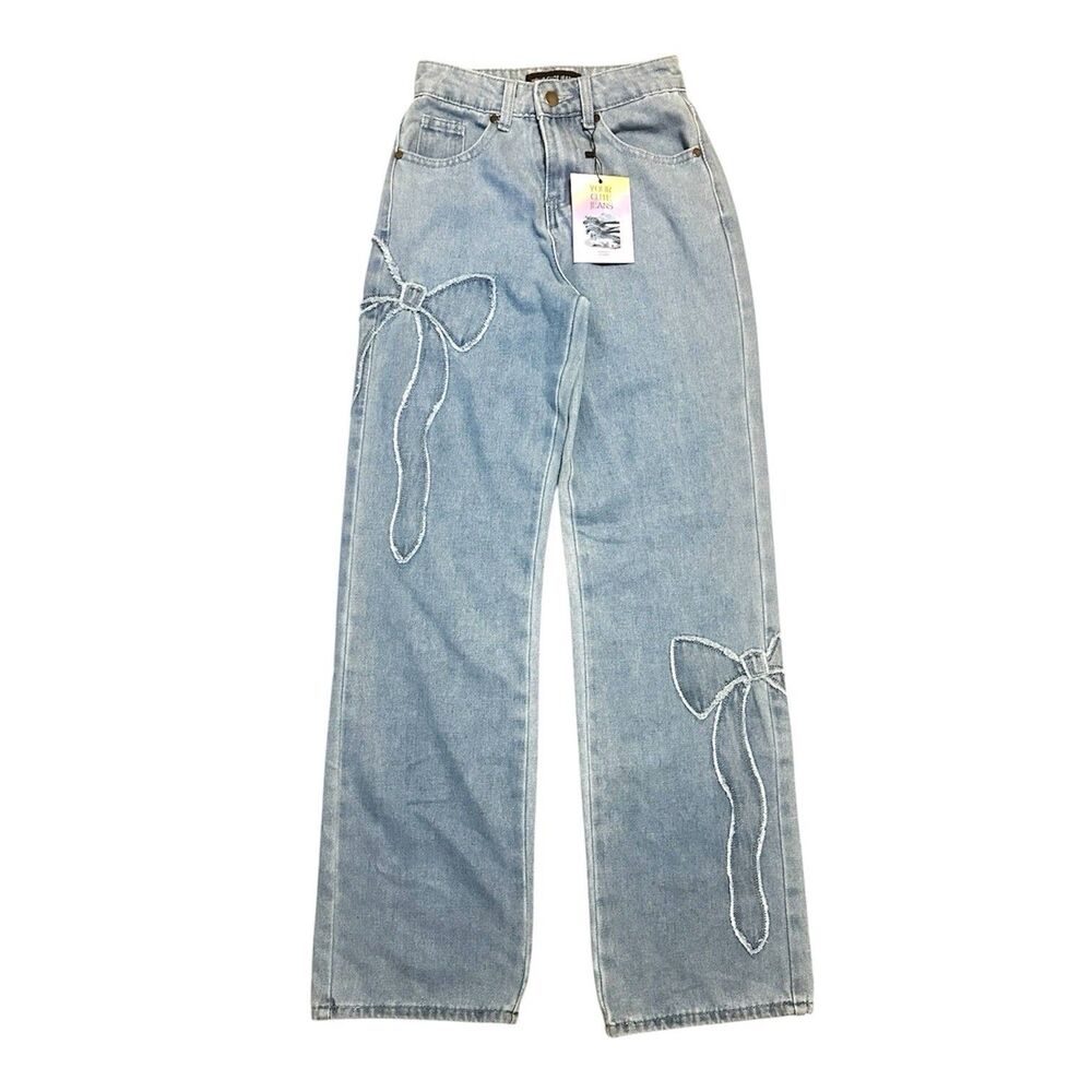Straight Leg Denim Jeans Size 0 Rigid High Waist Bow Design Coquette Cute Girly